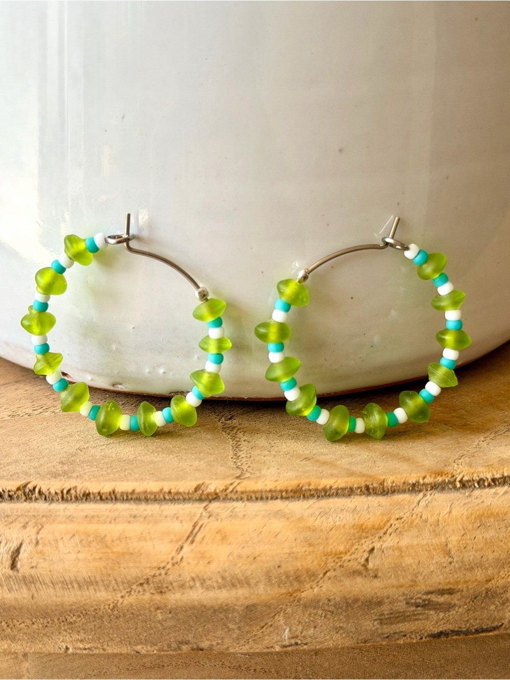 Green Sea Glass Hoop Earrings
